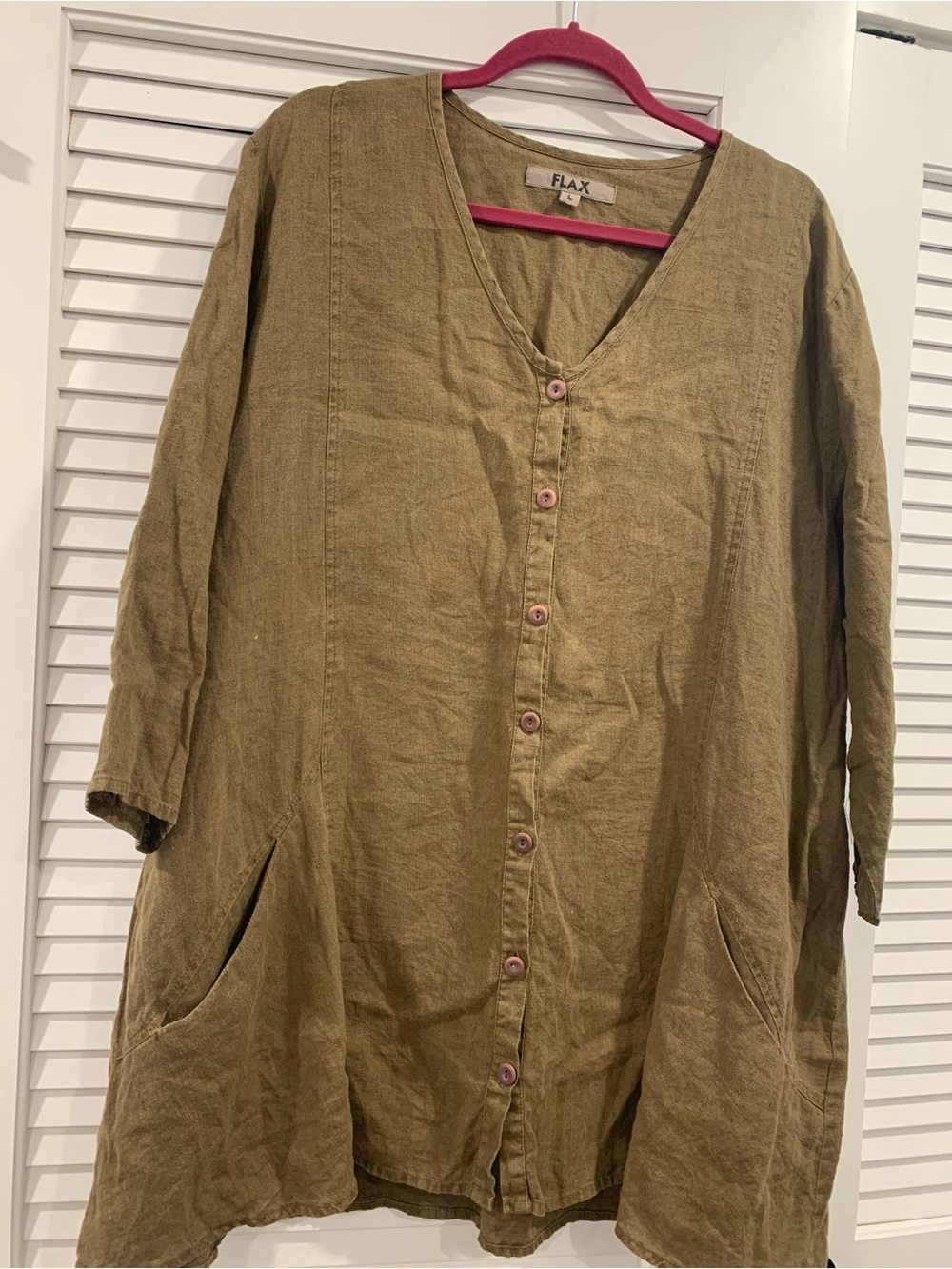 Flax Olive Linen V-Neck Button Top size Large Lagenlook artsy resort casual